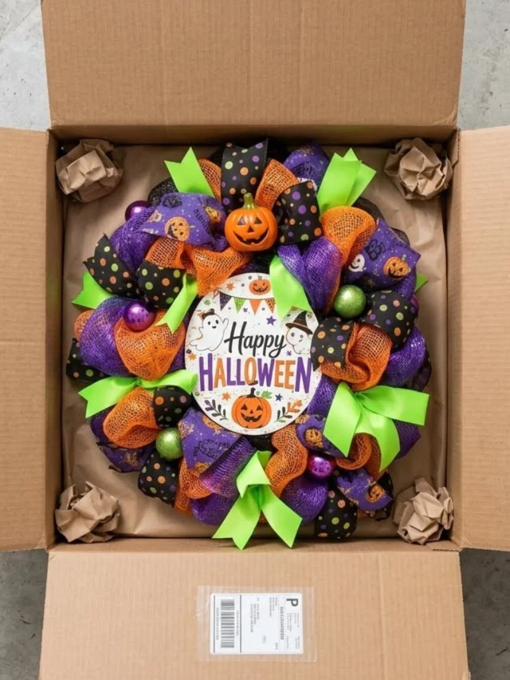 Halloween Wreath for Front Door with Happy Halloween Sign